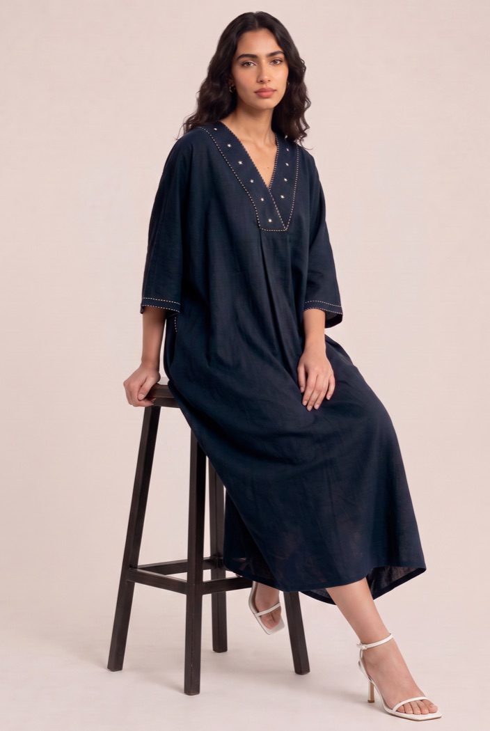 Embroidered Neckline Cotton Linen Blend Dress product image 1