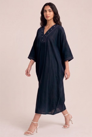 Embroidered Neckline Cotton Linen Blend Dress product image 2